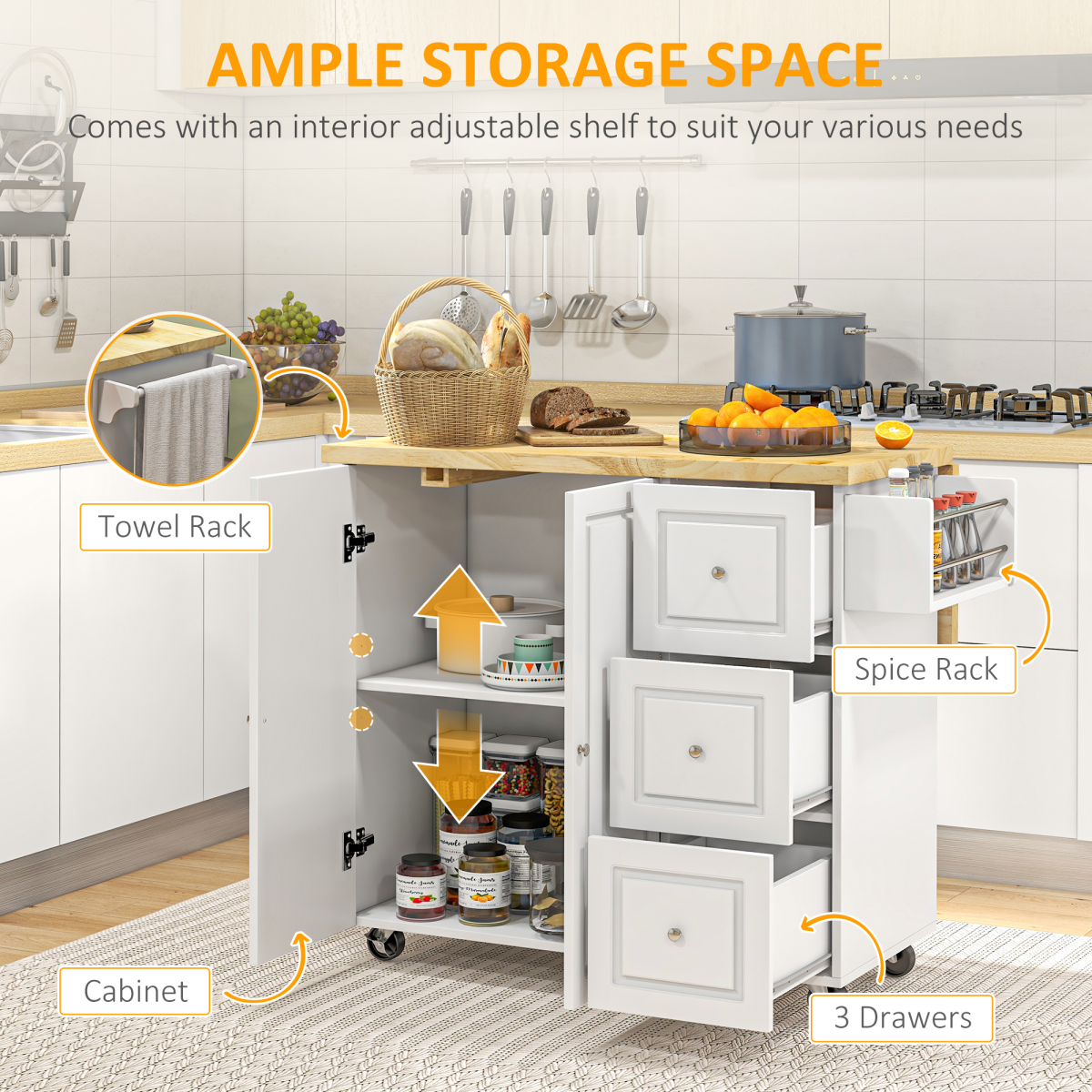 {
  "title": "Drop-Leaf Kitchen Island on Wheels Utility Storage Cart with Drawers & Cabinet",
  "description": ""
}