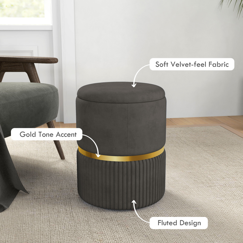 “Round storage pouffe with cushioned top — modern footstool”