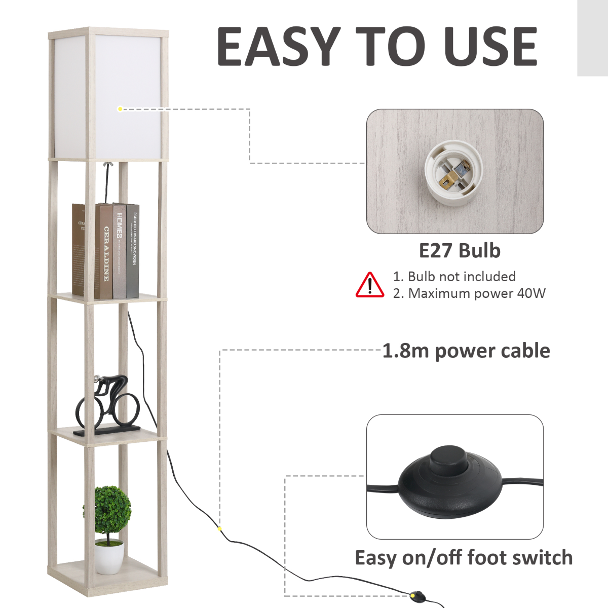 “4‑tier floor lamp with storage shelves — grey modern lighting design”