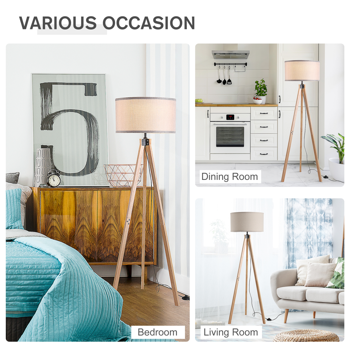 Beige Linen Floor Lamp with Wooden Tripod Base