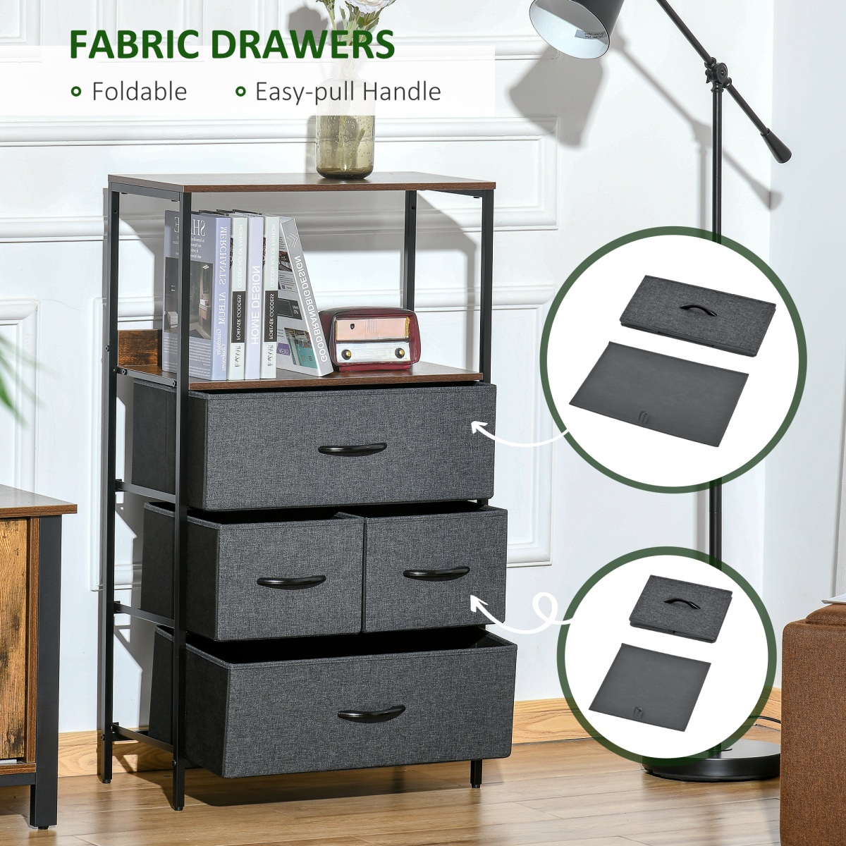 4‑drawer fabric storage chest with wooden top