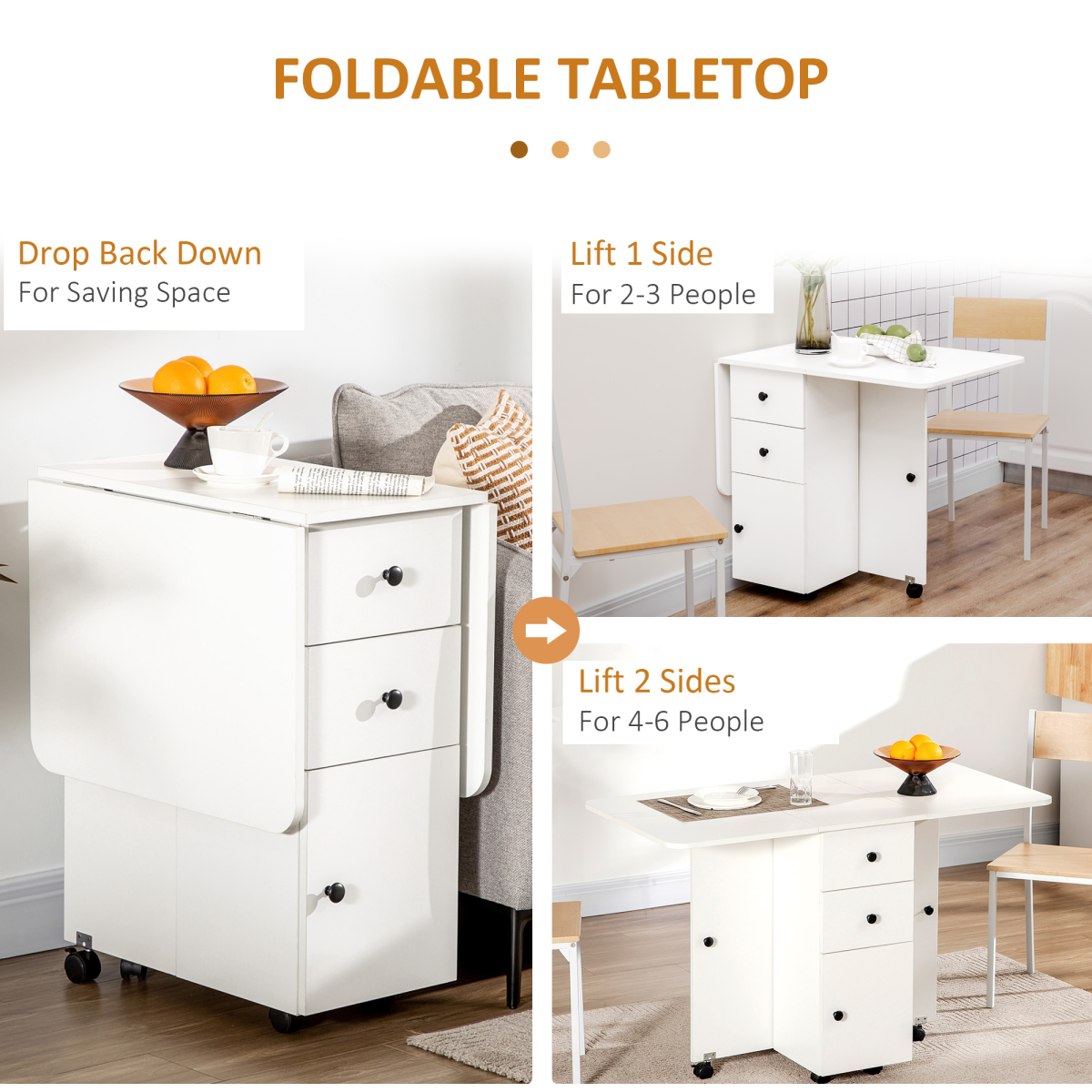 White drop‑leaf folding dining table with storage drawers.