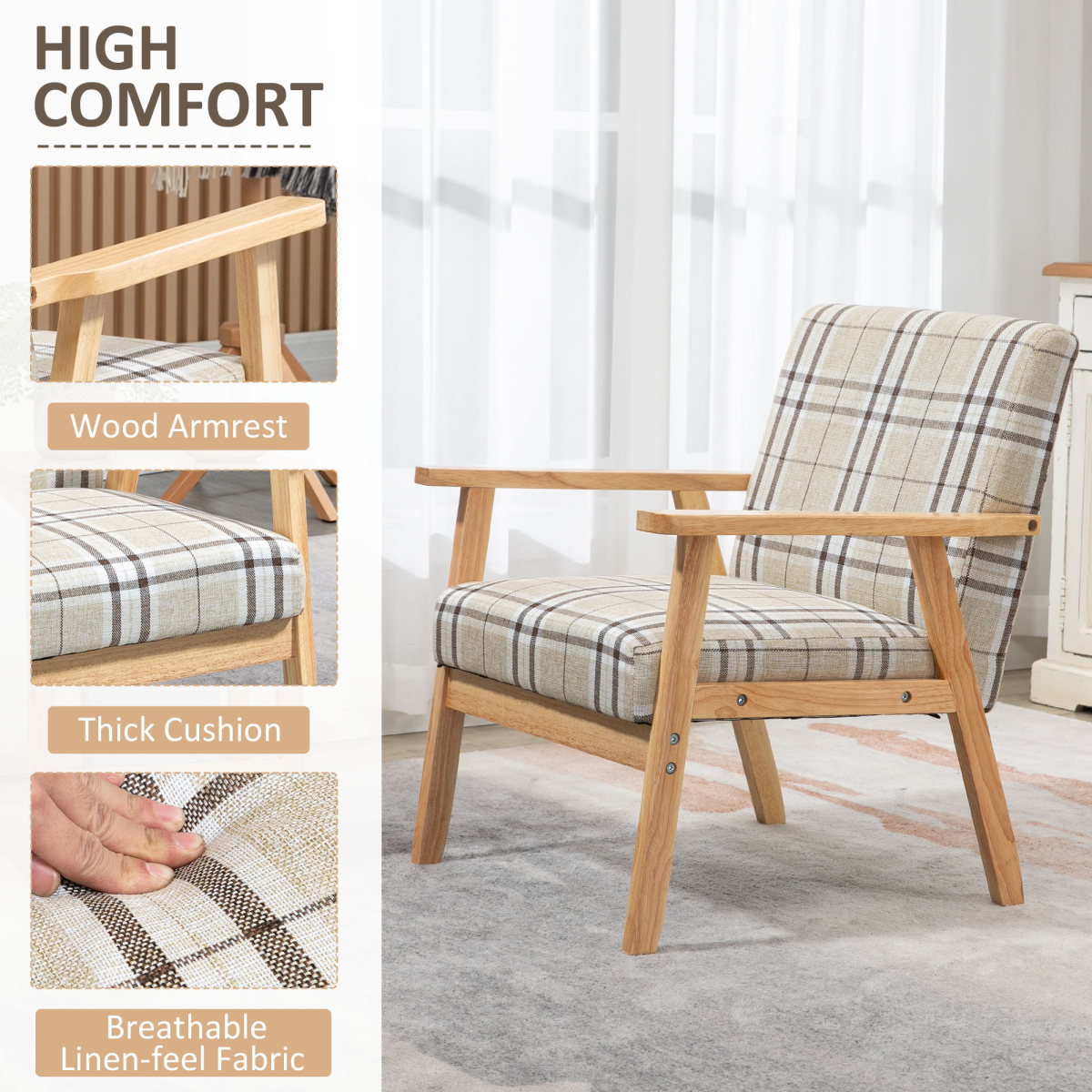Beige linen‑feel modern accent chair.