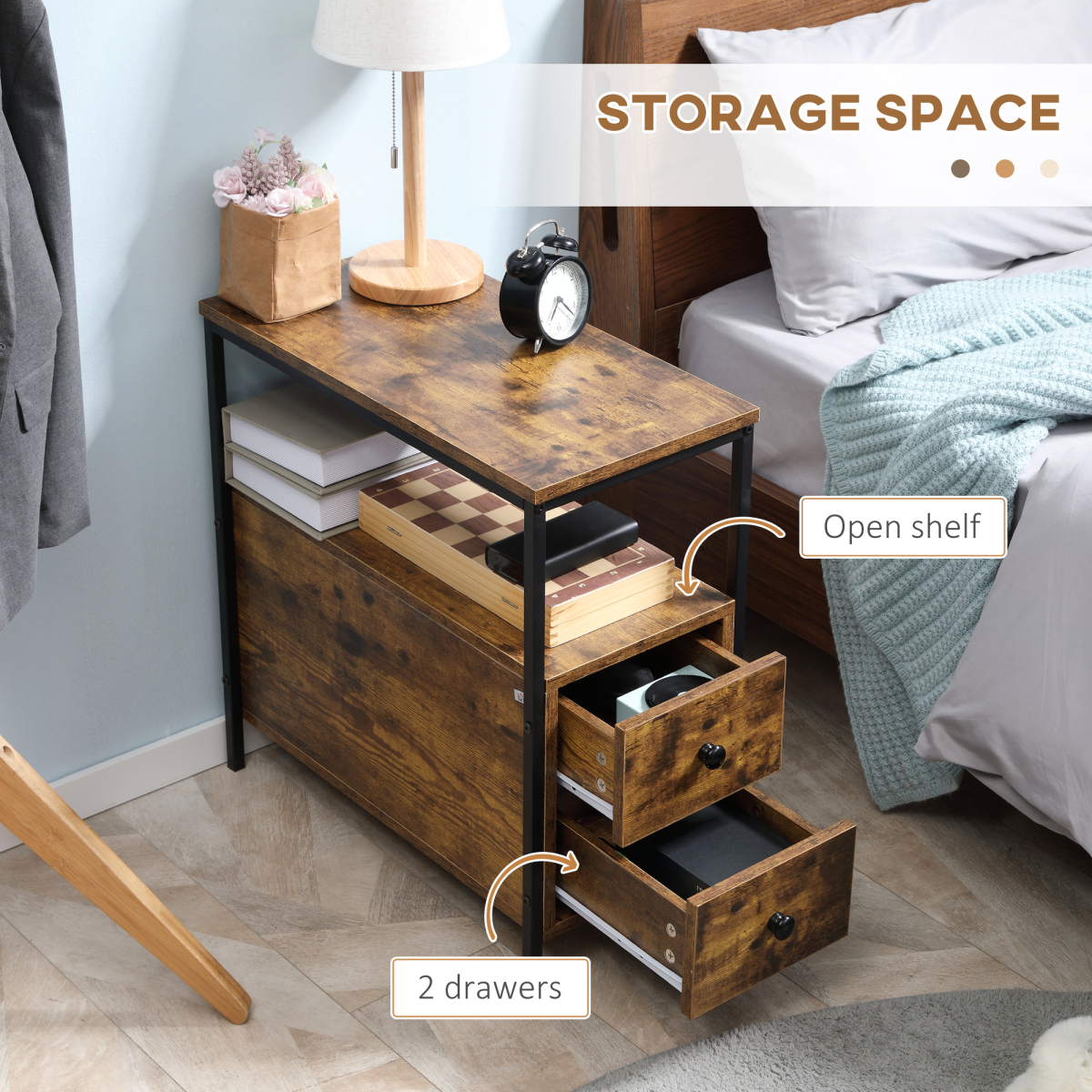 Slim brown side table with two drawers and lower shelf.