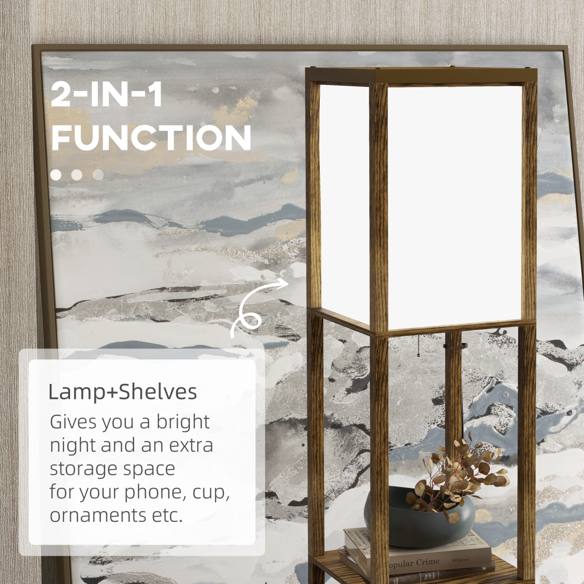 HOMCOM Shelf Floor Lamp with Dual Light, for Living Room, Bedroom, Brown
