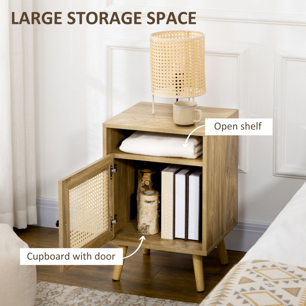 Rattan‑front bedside table with cabinet and shelf.