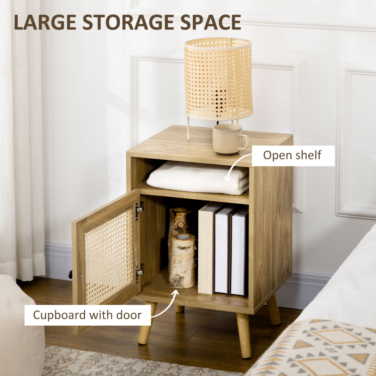 Rattan‑front bedside table with cabinet and shelf.