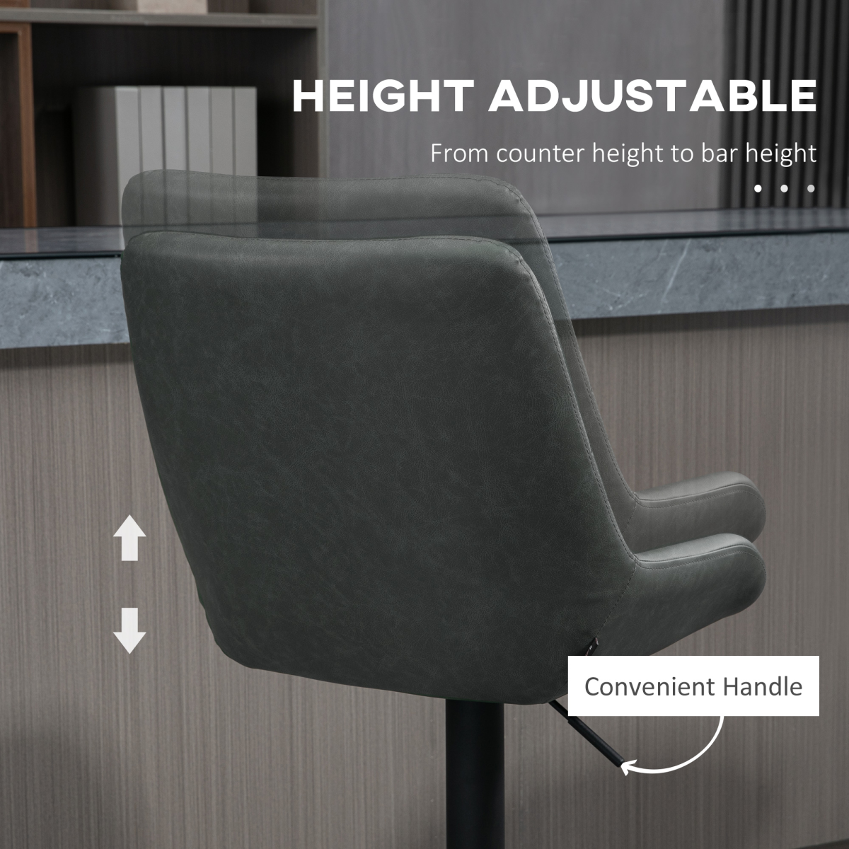 Set of two adjustable grey swivel bar stools with chrome base.