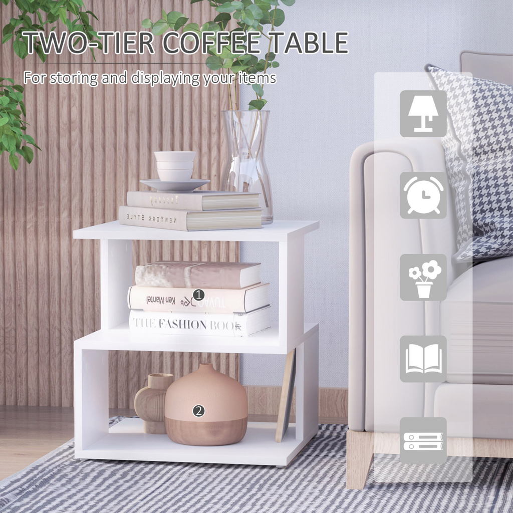 {
  "title": "Modern Square 2-Tier Wood Coffee Side Table Storage Shelf Rack, White",
  "description": "Two-tier square side table made from wood with a white finish. Provides storage and display space with two open tiers."
}