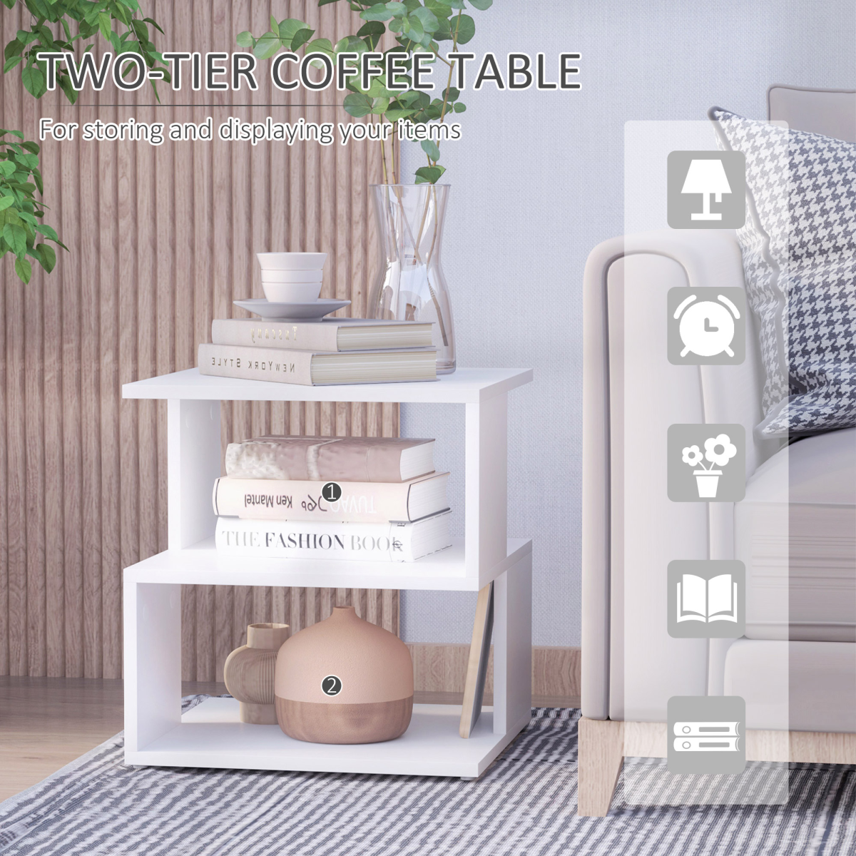 {
  "title": "Modern Square 2-Tier Wood Coffee Side Table Storage Shelf Rack, White",
  "description": "Two-tier square side table made from wood with a white finish. Provides storage and display space with two open tiers."
}
