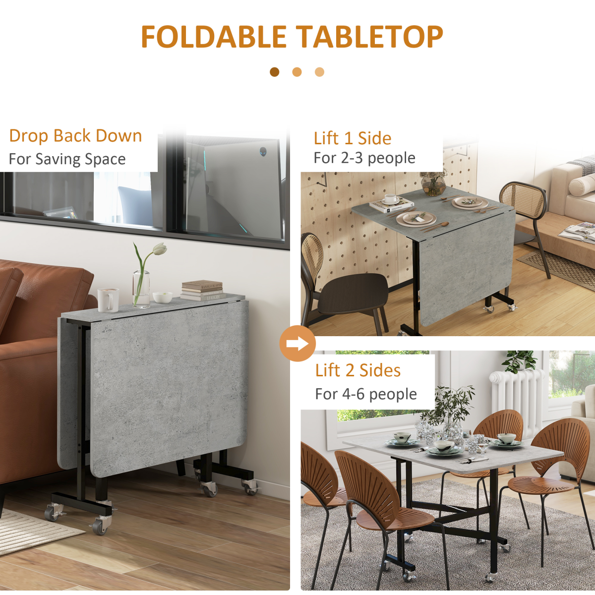 “Grey drop‑leaf folding dining table on wheels with storage shelves”
