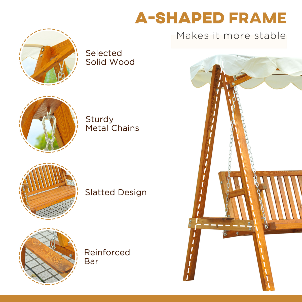 2-Seater Wood Garden Chair Swing Bench Lounger-Cream