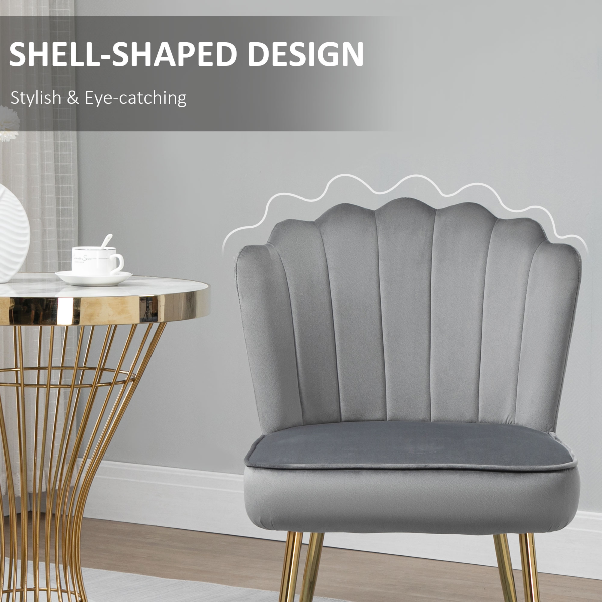 High Back Grey Velvet Shell Accent Chair with Gold Legs