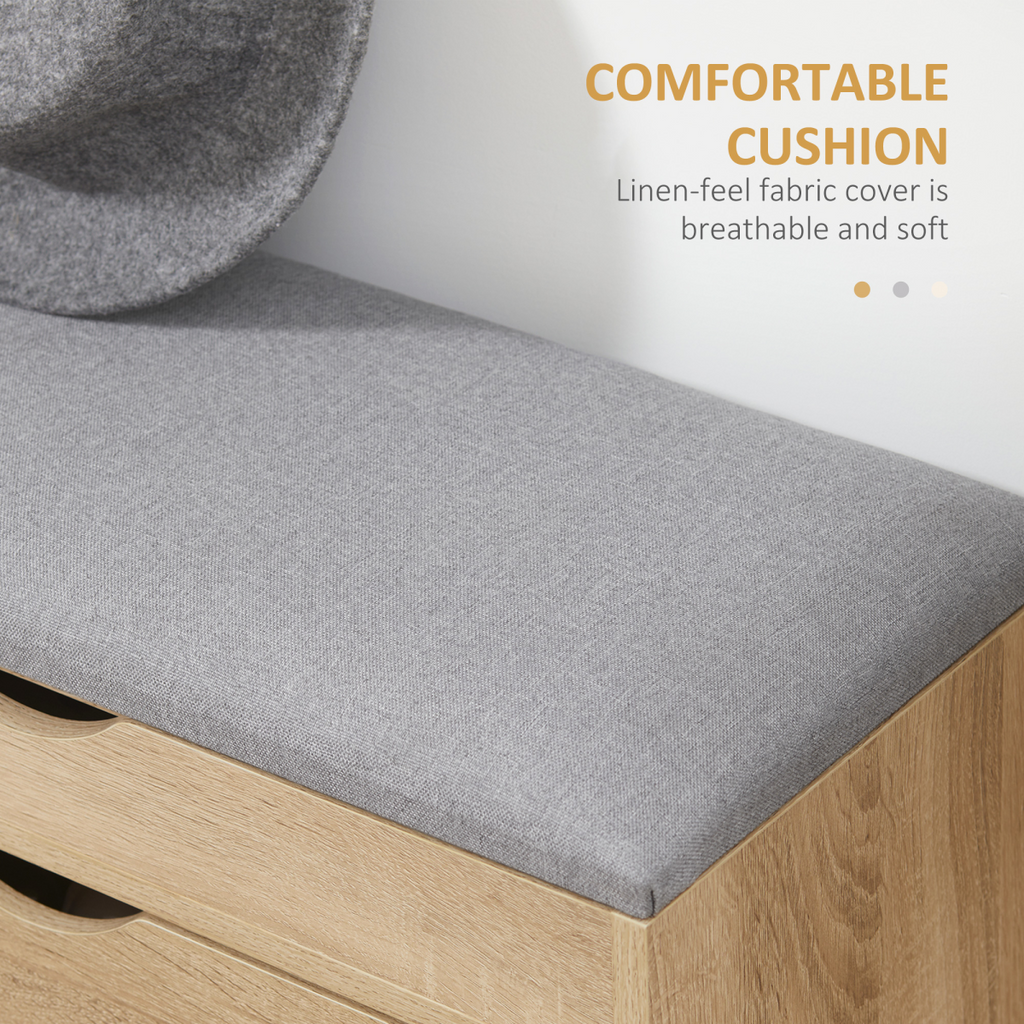 “Natural wood entryway shoe bench with cushioned seat and storage cabinet”