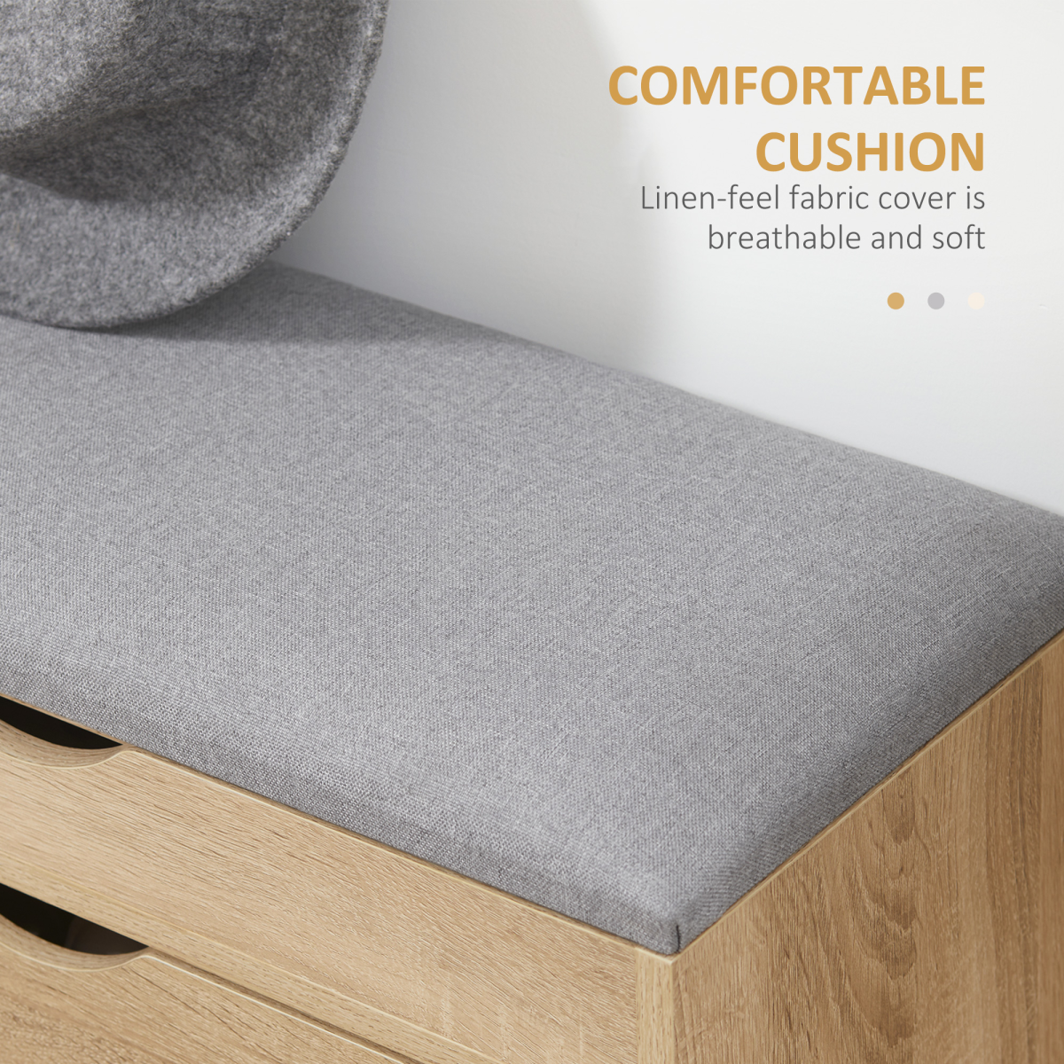 “Natural wood entryway shoe bench with cushioned seat and storage cabinet”