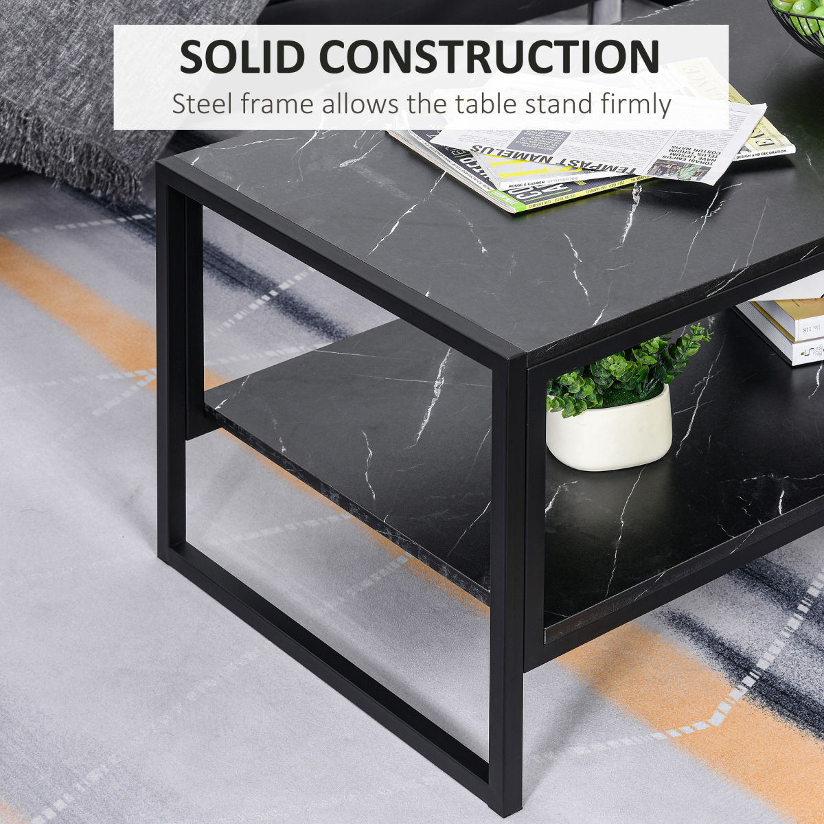 Two-Tier Laminate Marble Print Coffee Table Metal Frame Elegant Style