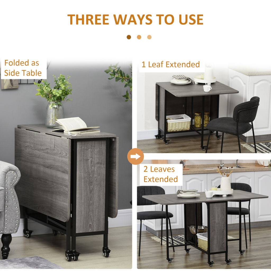 Mobile drop‑leaf folding kitchen table with storage shelves.