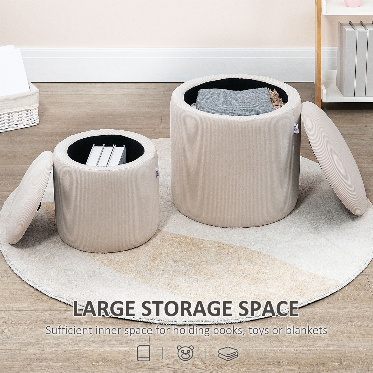 {
  "title": "Modern Fabric Storage Ottomans with Removable Lids, Set of 2, Cream White",
  "description": "Set of 2 modern fabric storage ottomans in cream white, each with a removable lid for easy access to stored items."
}
