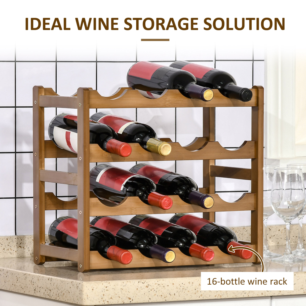 Bamboo 16‑bottle wine rack with four tiers.