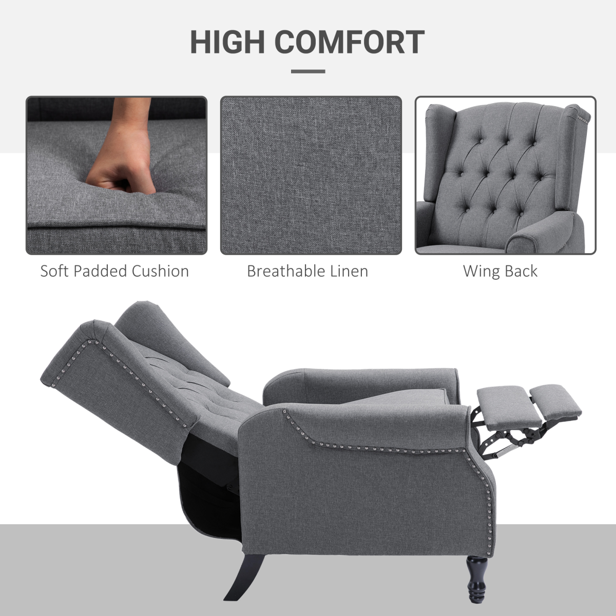 Light grey fabric recliner armchair with footrest.