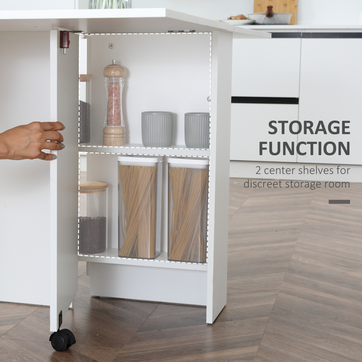 Mobile drop‑leaf kitchen table with shelves and wheels.