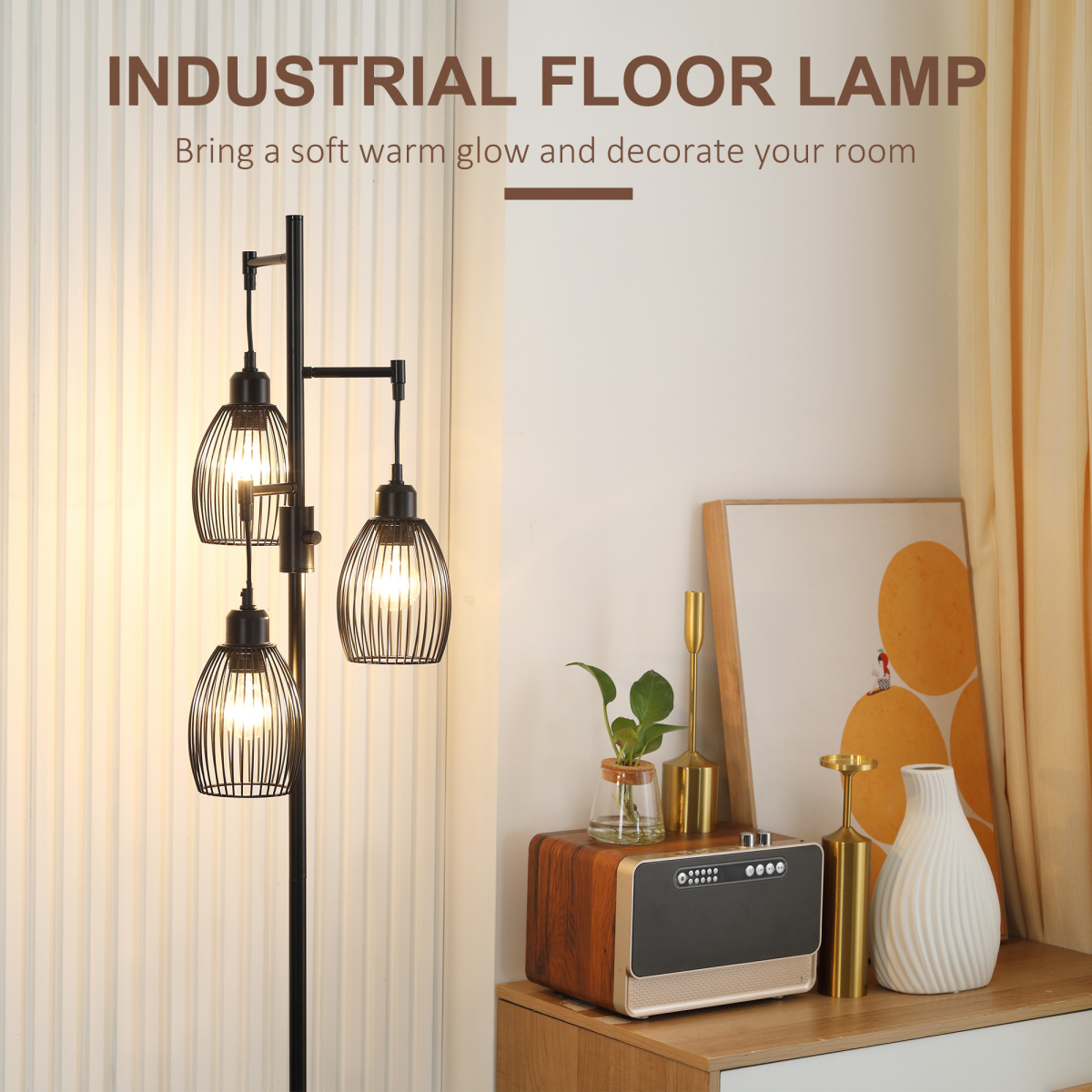 Industrial 3-Light Black Floor Lamp with Dimmer