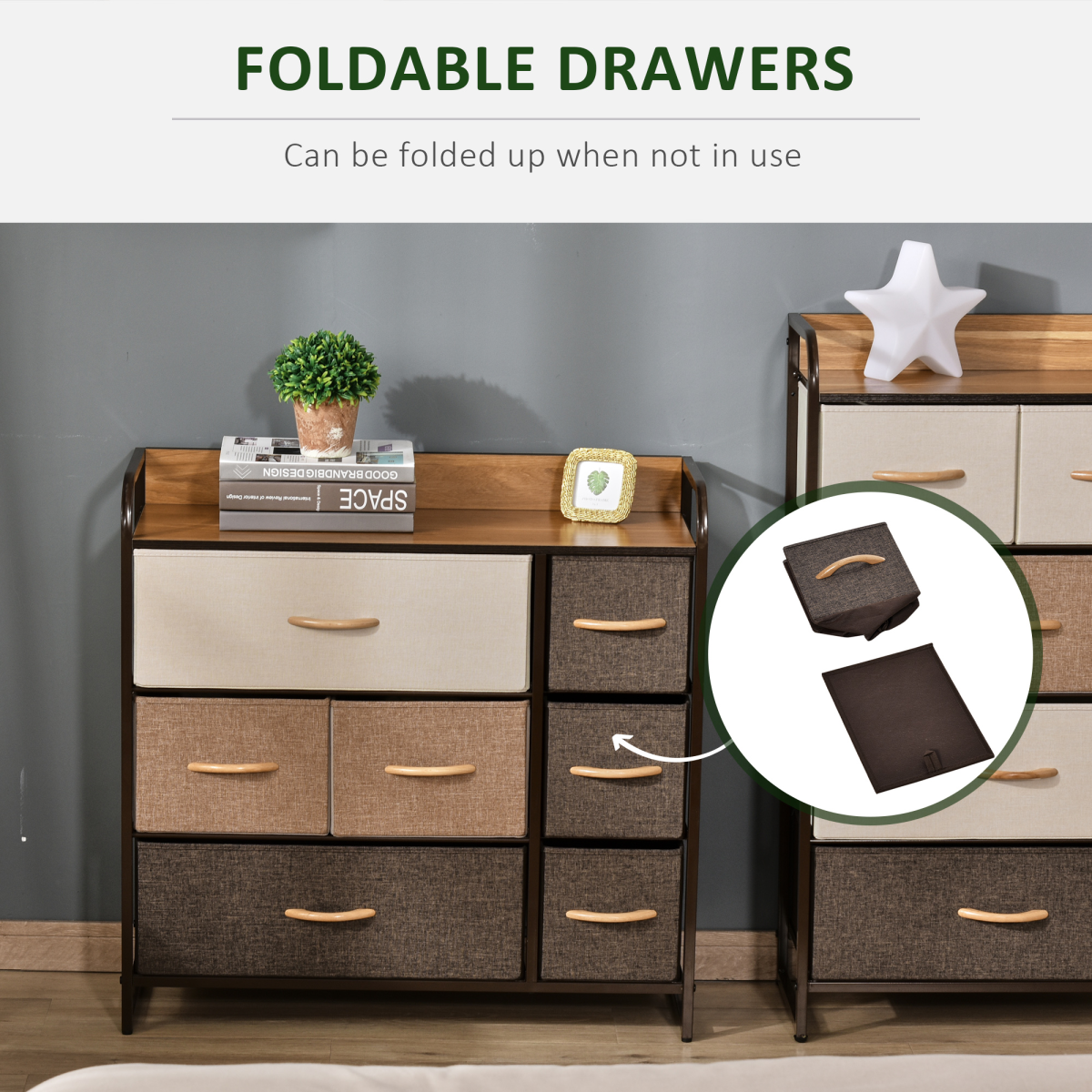 Seven‑drawer fabric dresser with metal frame.