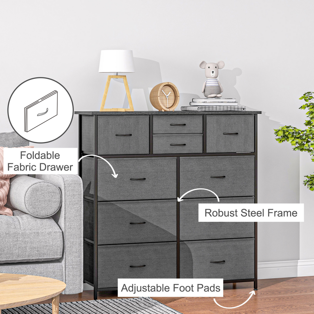Black fabric chest of drawers with metal frame.
