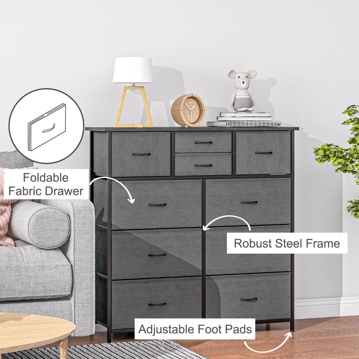 Black fabric chest of drawers with metal frame.
