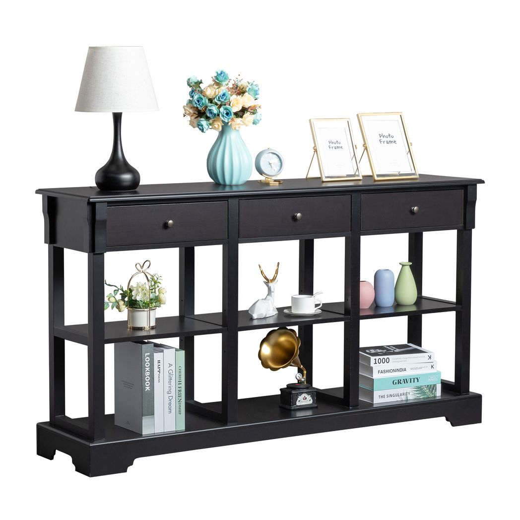 Console Sofa Table with Ample Storage, Retro Kitchen Buffet Cabinet Sideboard with Open Shelves and 3 Drawers, Accent Storage Cabinet for Entryway/Living Room Black Color