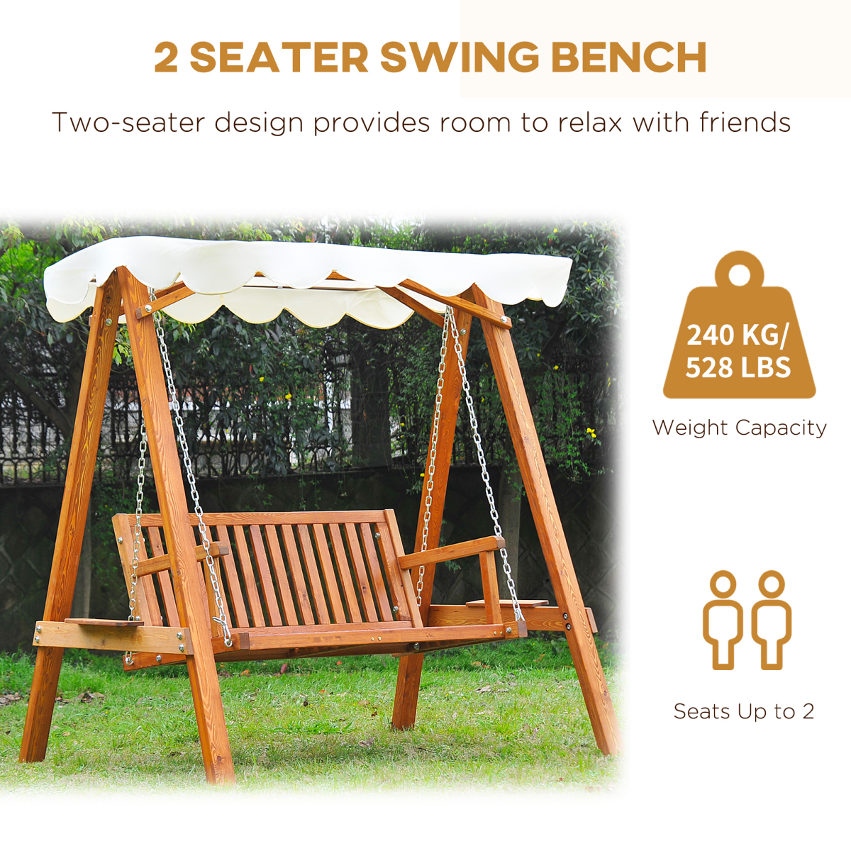 2-Seater Wood Garden Chair Swing Bench Lounger-Cream