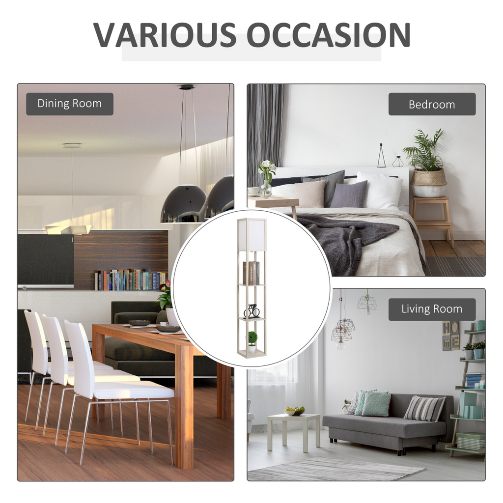 “4‑tier floor lamp with storage shelves — grey modern lighting design”