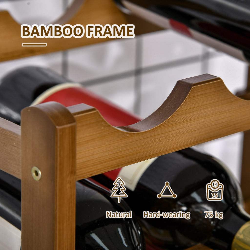 Bamboo 16‑bottle wine rack with four tiers.