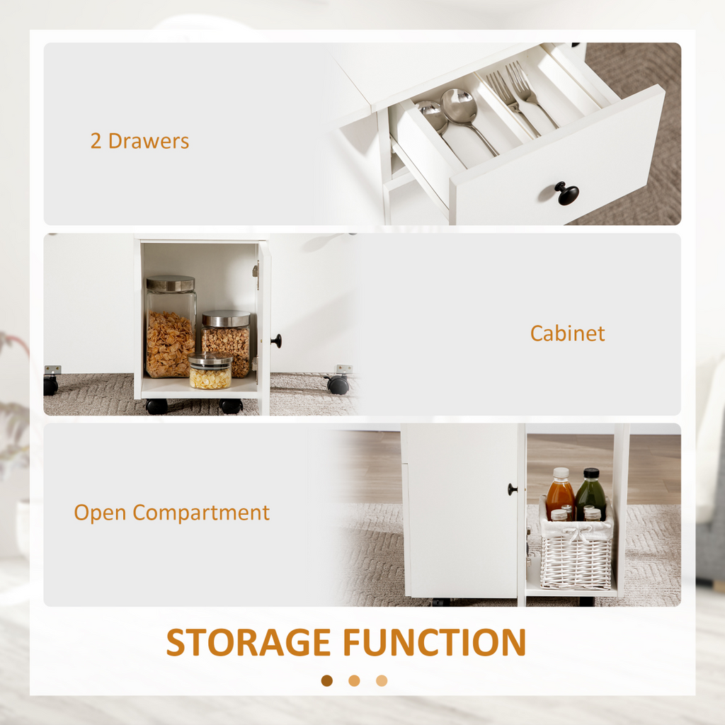 White drop‑leaf folding dining table with storage drawers.