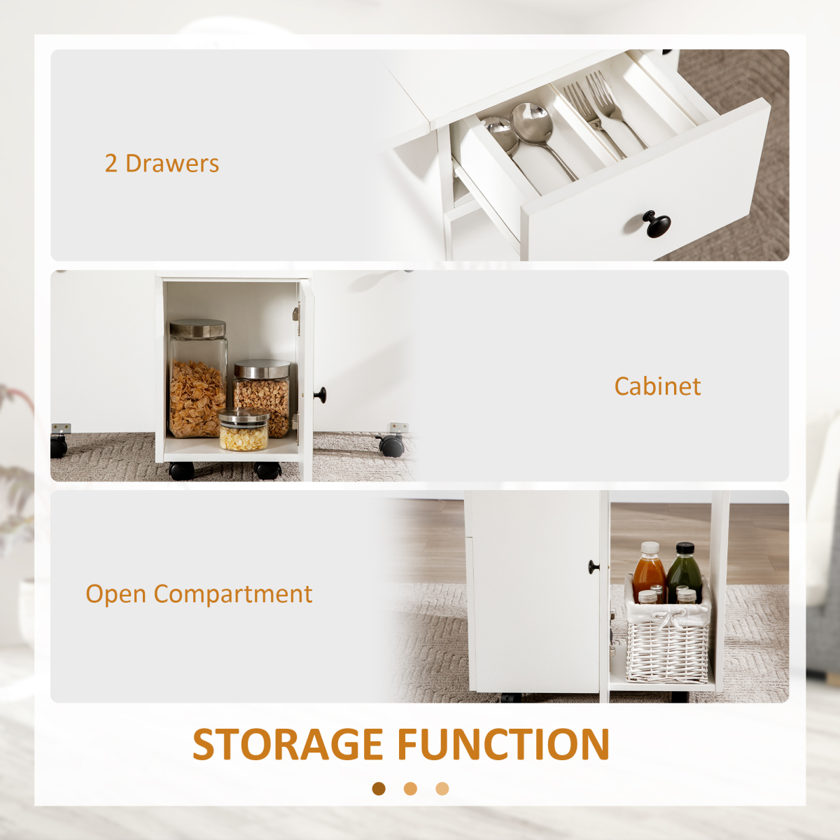 White drop‑leaf folding dining table with storage drawers.