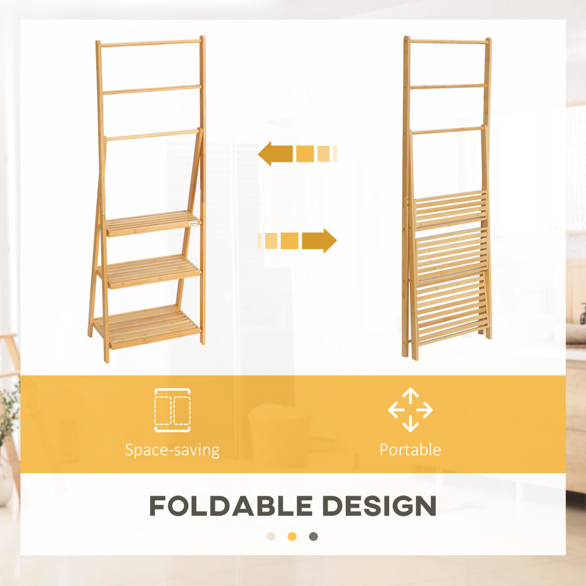 Freestanding Bamboo Towel Rack – 3 Bars & Shelves, Foldable