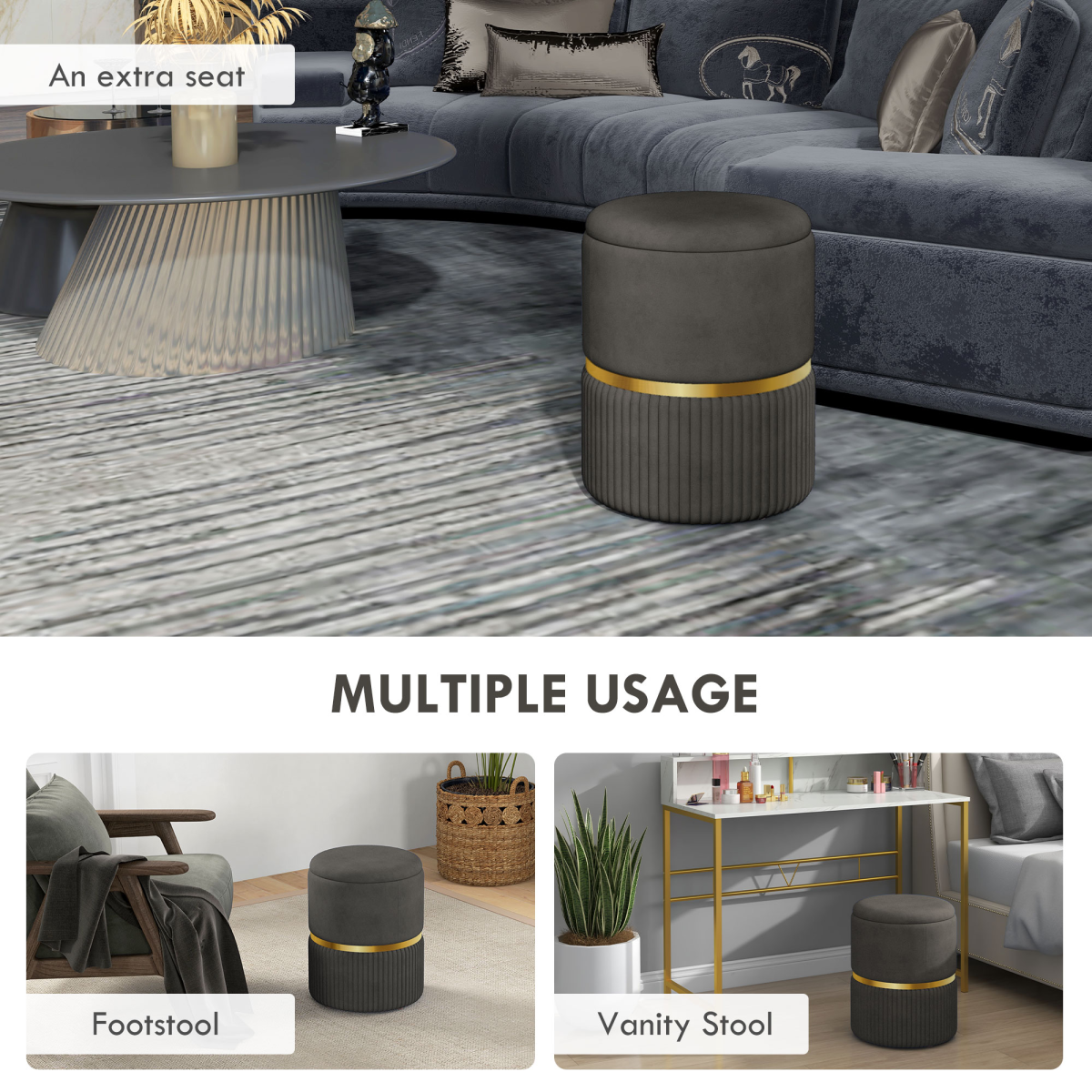 “Round storage pouffe with cushioned top — modern footstool”