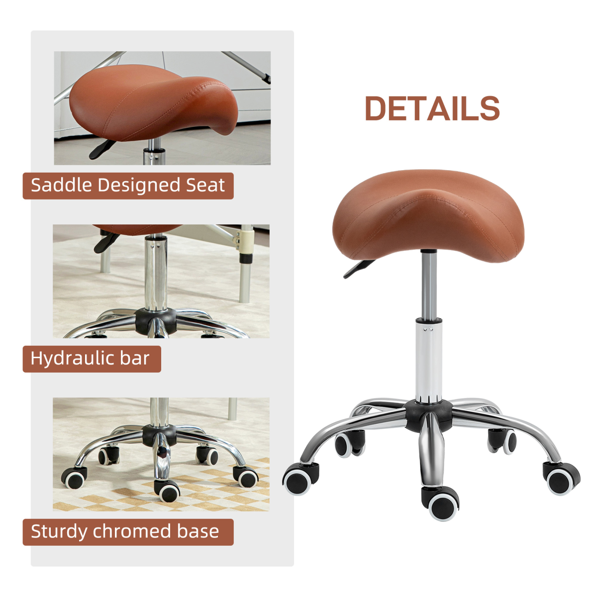 “Brown PU leather saddle stool with adjustable height and swivel base”