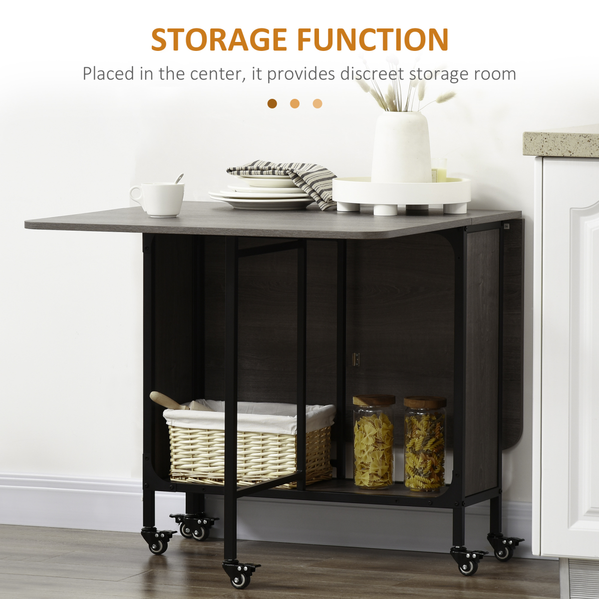 Mobile drop‑leaf folding kitchen table with storage shelves.