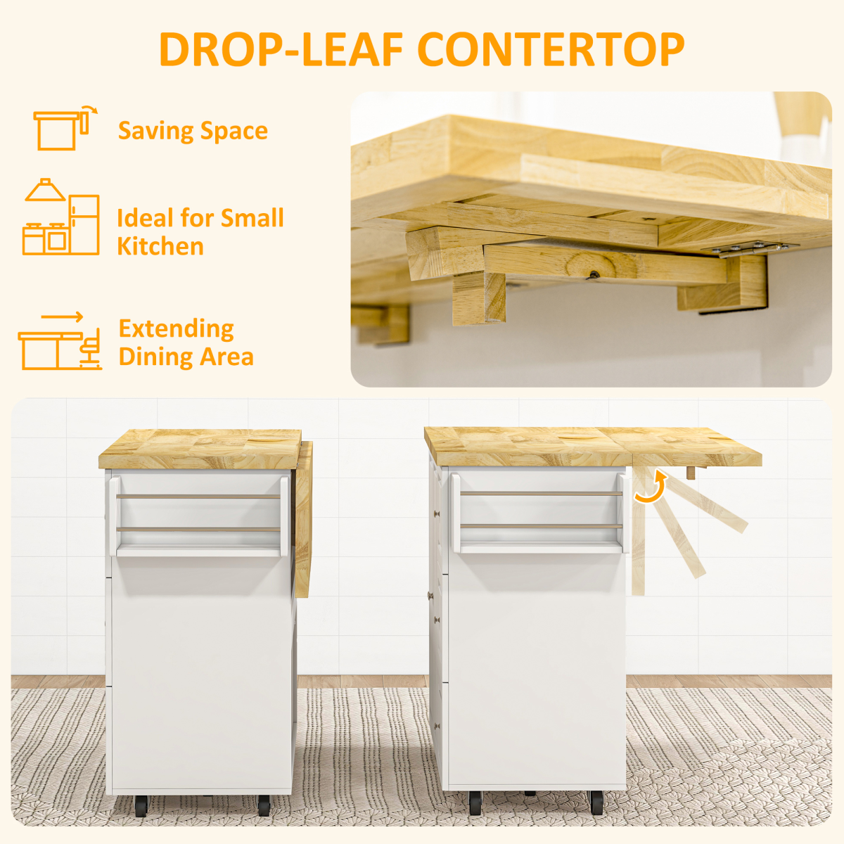 {
  "title": "Drop-Leaf Kitchen Island on Wheels Utility Storage Cart with Drawers & Cabinet",
  "description": ""
}
