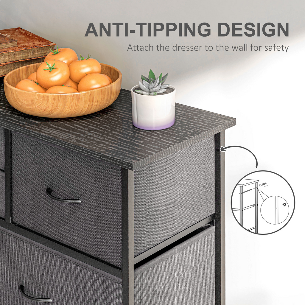 Black fabric chest of drawers with metal frame.
