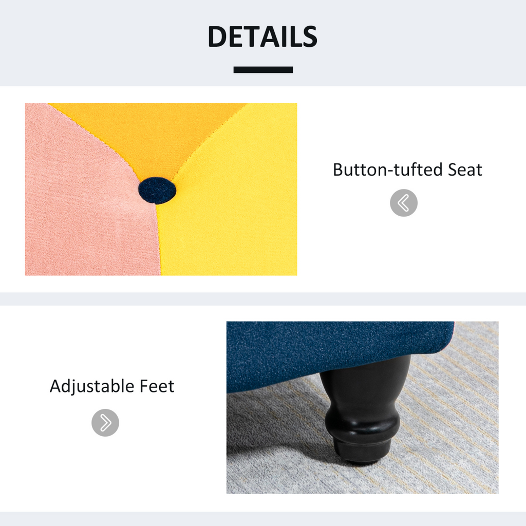Colour‑block velvet storage ottoman with button‑tufted lid.