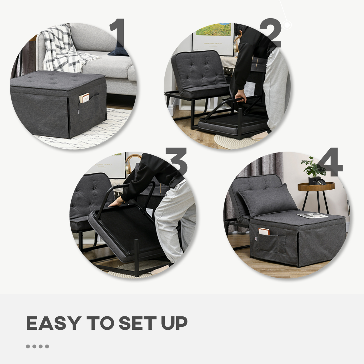 HOMCOM Folding Sleeper Chair Bed with Pillow and Side Pockets, Charcoal Grey
