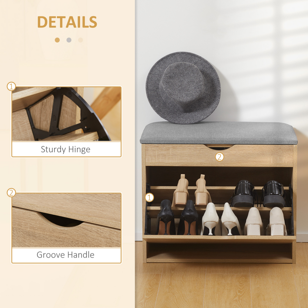 “Natural wood entryway shoe bench with cushioned seat and storage cabinet”