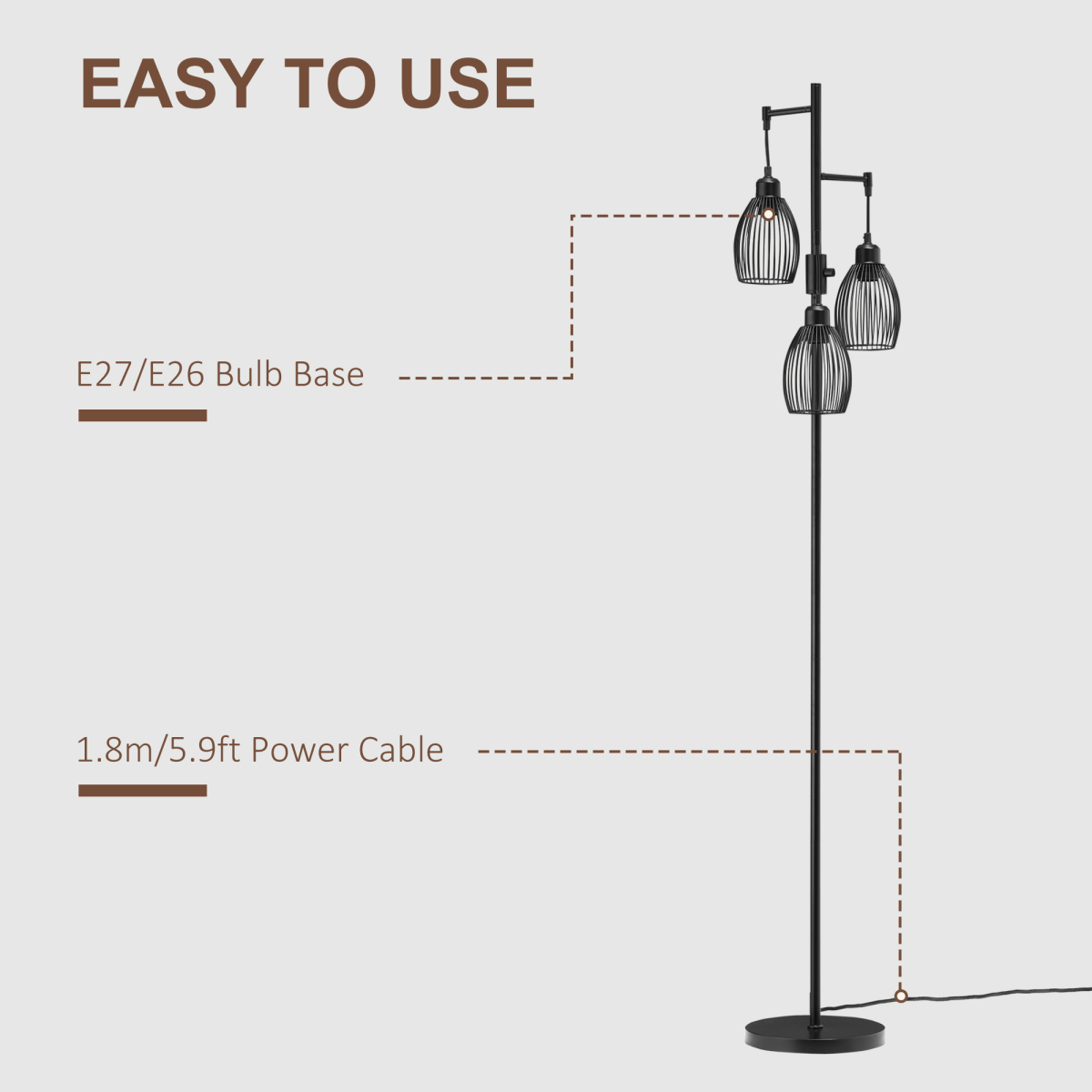 Industrial 3-Light Black Floor Lamp with Dimmer