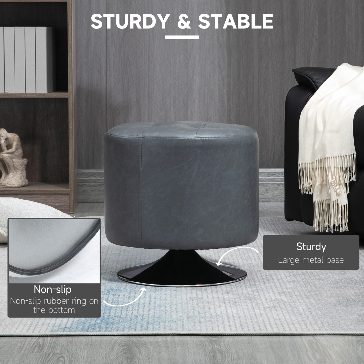 Grey 360‑degree swivel footstool with padded seat.