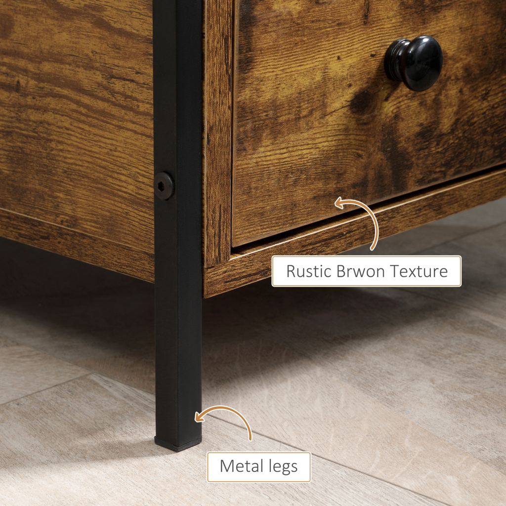 Slim brown side table with two drawers and lower shelf.