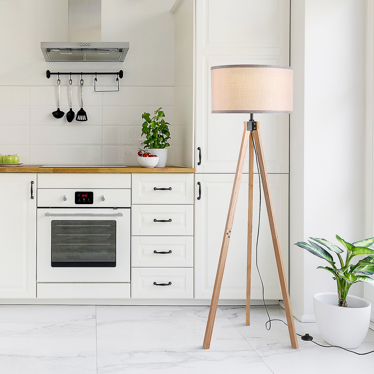 Beige Linen Floor Lamp with Wooden Tripod Base