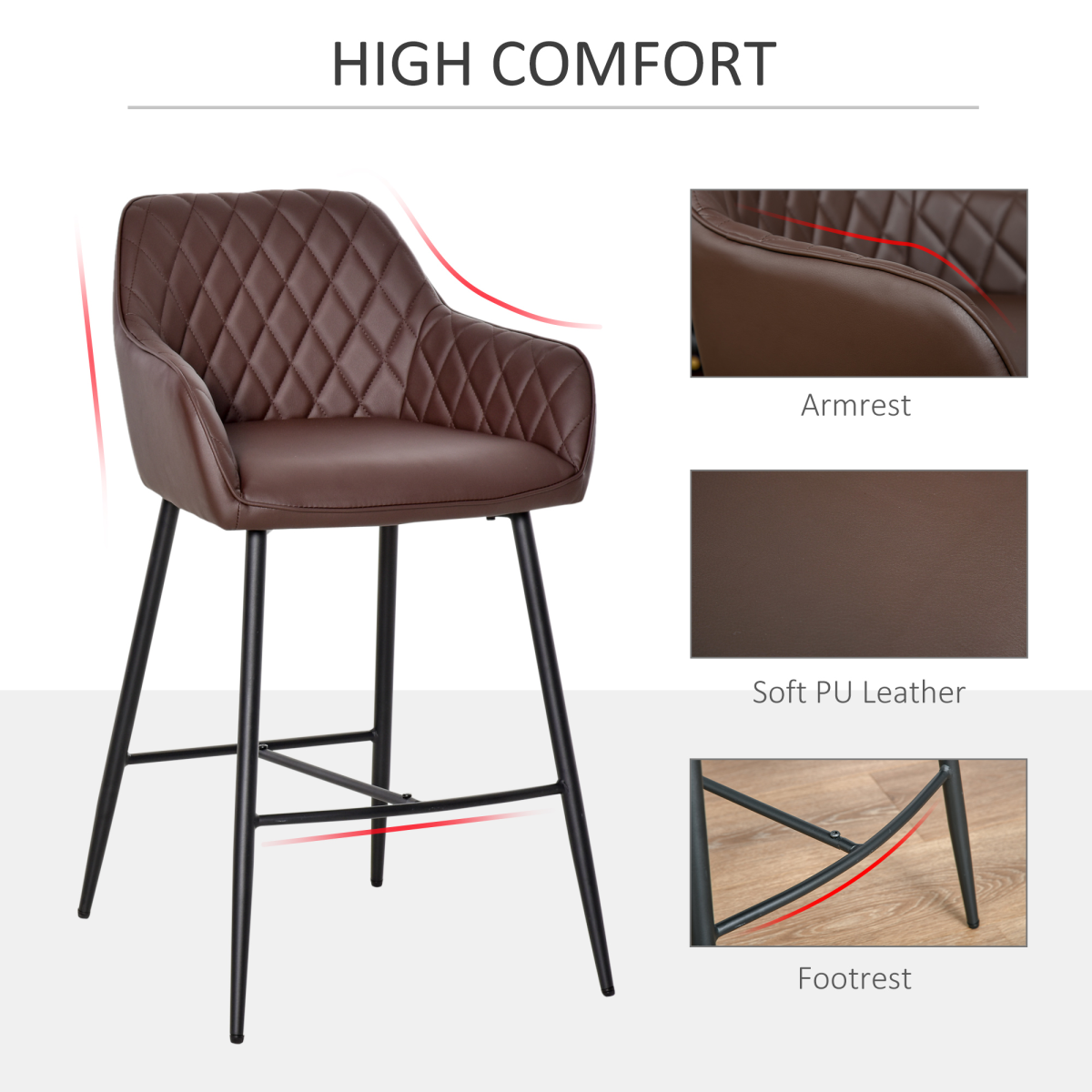 Set of two retro PU leather bar chairs with footrest.