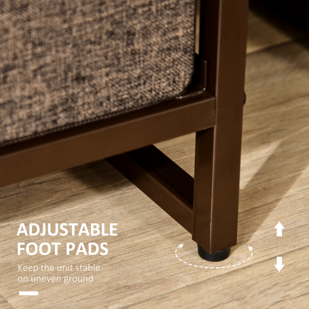 Seven‑drawer fabric dresser with metal frame.